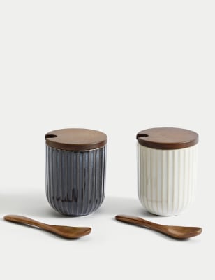 

M&S Collection Set of 2 Ribbed Storage Jars with Spoons - Multi, Multi