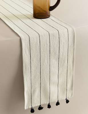 

M&S Collection Pure Cotton Striped Tassel Table Runner, Natural Mix