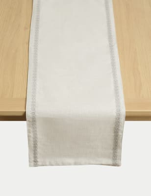 M&S X Fired Earth Pure Cotton Embroidered Table Runner - Natural, Ochre,Natural,Green,Dark Blue