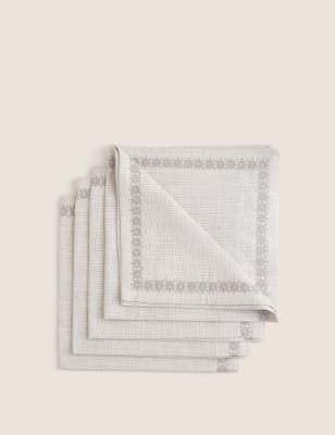 M&S X Fired Earth Set of 4 Pure Cotton Embroidered Napkins - Dark Blue, Green,Ochre,Natural,Dark Blu