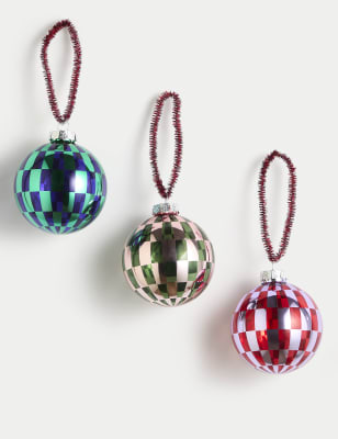 

M&S Collection 3pk Glass Checkerboard Baubles - Multi, Multi