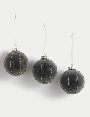 

M&S Collection 3pk Grey Frosted Glass Baubles, Grey