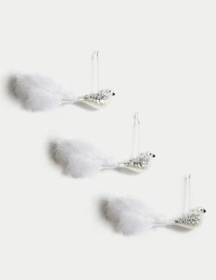 

M&S Collection 3pk Glass Feathered Bird Hanging Decorations - White Mix, White Mix