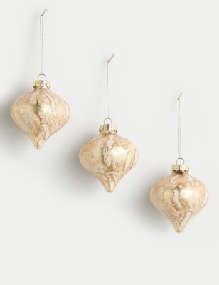 

M&S Collection 3pk Gold Glass Marbled Baubles, Gold