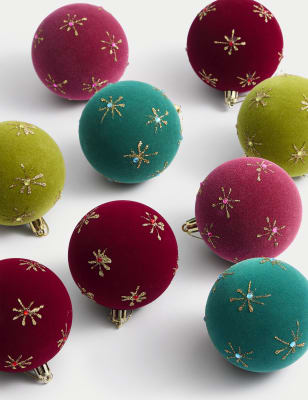 

M&S Collection 9pk Multicoloured Flocked Jewelled Baubles, Multi