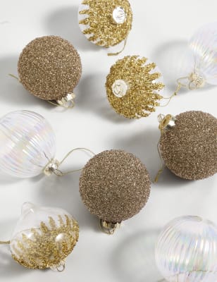 

M&S Collection 9pk Gold Glass Embellished Baubles - Gold Mix, Gold Mix