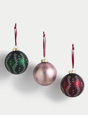 

M&S Collection 3pk Multicoloured Glass Floral Baubles, Multi