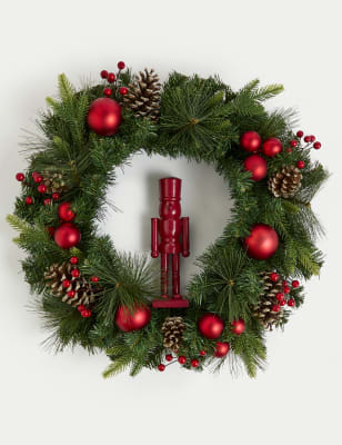 

M&S Collection Red Nutcracker Pine Cone Wreath - Red Mix, Red Mix