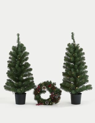

M&S Collection 3er-Pack Set Weihnachtsbaum und Kranz mit Beleuchtung - Grün Melange, Grün Melange