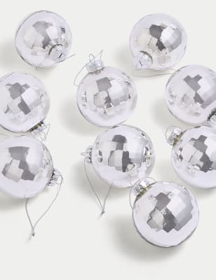 

M&S Collection 9pk Glass Hanging Disco Ball Baubles - Silver, Silver