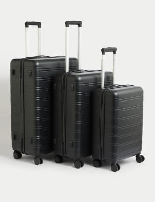 M&S Collection Set of 3 Prague 4 Wheel Hard Shell Suitcases - Black, Black