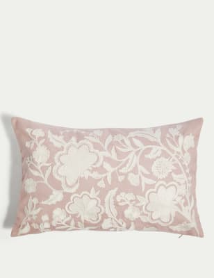 

M&S Collection Linen Blend Floral Embroidered Bolster Cushion - Pink Mix, Pink Mix