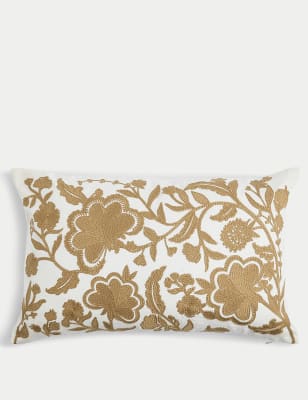 

M&S Collection Linen Blend Floral Embroidered Bolster Cushion, Gold Mix