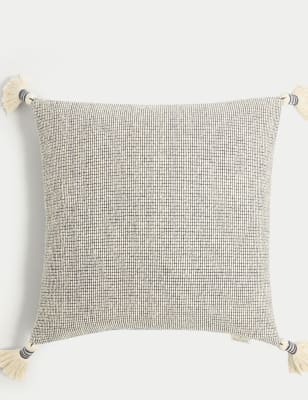 

M&S X Fired Earth Pure Cotton Textured Tasselled Cushion - Carbon Blue, Carbon Blue