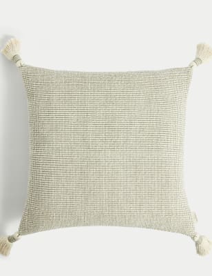 

M&S X Fired Earth Pure Cotton Textured Tasselled Cushion, Weald Green