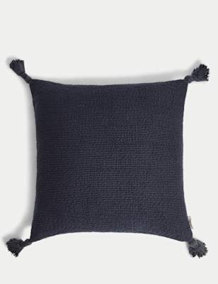 

M&S X Fired Earth Pure Cotton Textured Tasselled Cushion, Indigo