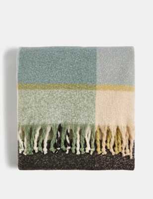 

M&S Collection Faux Mohair Checked Throw - Green Mix, Green Mix