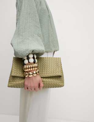 

Womens M&S Collection Faux Leather Woven Clutch Bag, Olive