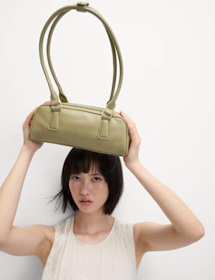 Womens M&S Collection Faux Leather Bowler Bag, Olive