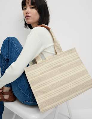 Womens M&S Collection Pure Cotton Canvas Striped Tote Bag, Natural Mix