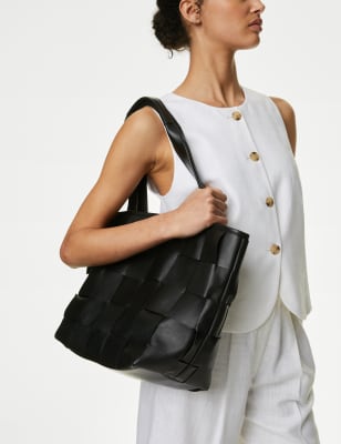 

Womens M&S Collection Ledertragetasche mit Webstruktur - Black, Black