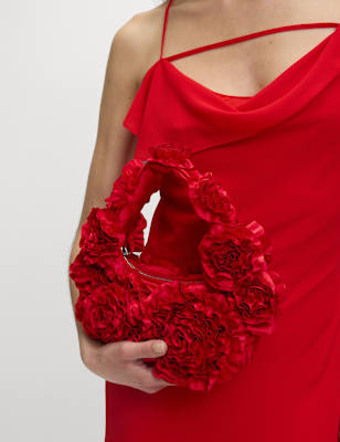 

Womens M&S Collection Fabric Floral Ruffle Grab Bag, Red