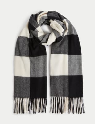 

Womens M&S Collection Checked Tassel Scarf, Black Mix