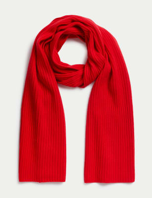 

Womens Autograph Merino Wool Rich Ribbed Knit Scarf with Cashmere - Red, Red