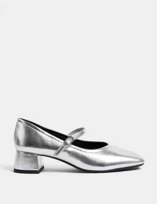 

Womens M&S Collection Leather Strappy Block Heel Square Toe Shoes - Silver, Silver