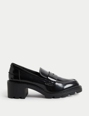 

Womens M&S Collection Leather Patent Slip On Block Heel Loafers - Black, Black