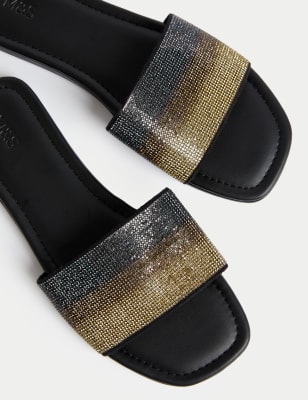 

Womens M&S Collection Slip On Sparkle Flat Mules - Black Mix, Black Mix