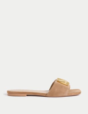 

Womens M&S Collection Suede Gold Detail Flat Mule Sandal, Taupe