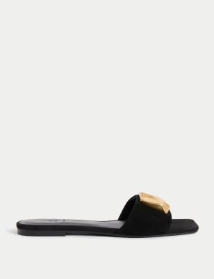 

Womens M&S Collection Suede Gold Detail Flat Mule Sandal - Black, Black