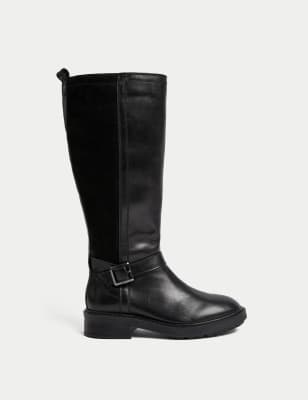 

Womens M&S Collection Wide Fit Leather Flat Buckle Riding Boots - Black, Black