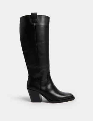 

Womens M&S Collection Leather Cow Boy Block Heel Knee High Boots - Black, Black