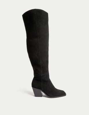 

Womens M&S Collection Suede Cowboy Block Heel Over the Knee Boots - Black, Black