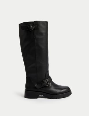 

Womens M&S Collection Wide Fit Leather Biker Knee High Boots - Black, Black