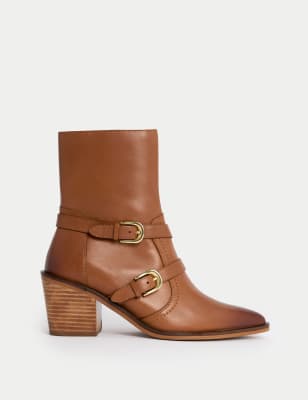 

Womens Per Una Leather Buckle Block Heel Ankle Boots - Tan, Tan