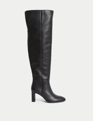 

Womens M&S Collection Leather Block Heel Over the Knee Boots - Black, Black