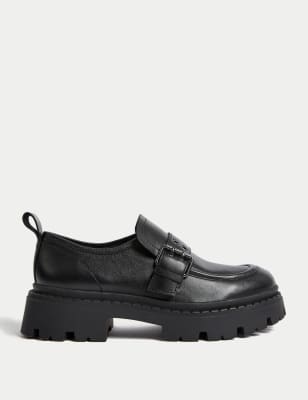 

Womens M&S Collection Leather Chunky Buckle Flatform Loafers - Black, Black