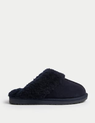 

Womens M&S Collection Pantoffeln aus Wildleder mit Kunstfellbesatz - Midnight Navy, Midnight Navy