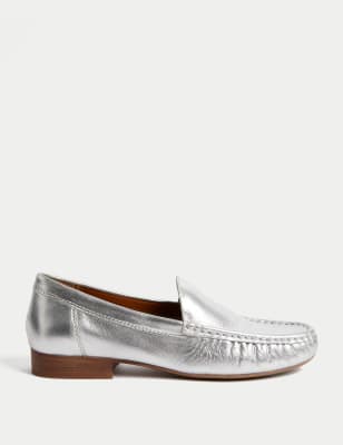 

Womens M&S Collection Leather Slip On Flat Loafers - Silver, Silver