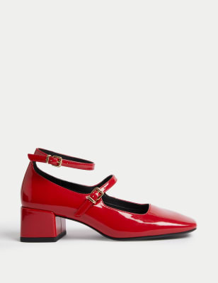 

Womens M&S Collection Patent Strappy Block Heel Court Shoes - Red, Red