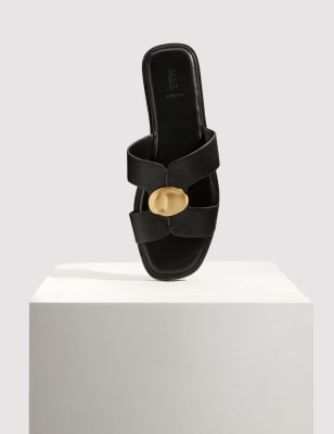 

Womens M&S Collection Flache, zehenfreie Pantoffeln aus Leder mit Metallic-Besatz - Black, Black
