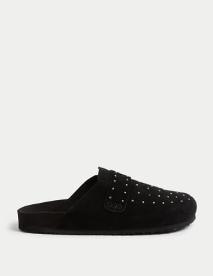 

Womens M&S Collection Suede Slip On Studded Flat Clogs - Black, Black