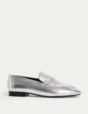 

Womens M&S Collection Wide Fit Leather Slip On Flat Loafers - Silver, Silver