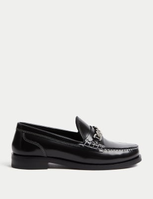 

Womens M&S Collection Leather Contrast Chain Detail Loafers - Black, Black