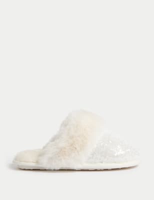 

Womens M&S Collection Sequin Faux Fur Cuff Mule Slippers - Cream, Cream