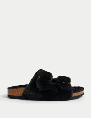 

Womens M&S Collection Faux Fur Buckle Slider Slippers - Black, Black
