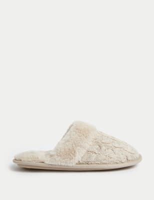 

Womens M&S Collection Cable Knit Faux Fur Lined Mule Slippers - Cream, Cream